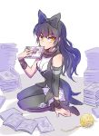  1girl black_hair blake_belladonna bow commentary_request hair_bow highres iesupa looking_at_viewer manga_(object) pile_of_books product_placement rwby solo yarn yarn_ball 