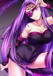  1girl akeyama_kitsune bare_shoulders black_legwear blindfold blindfold_lift boots breasts chains cleavage elbow_gloves facial_mark fate_(series) forehead_mark gloves gradient gradient_background large_breasts lifted_by_self long_hair looking_at_viewer purple_hair rider sleeveless solo thigh-highs thigh_boots thighs very_long_hair violet_eyes 