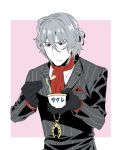  1boy antonio_salieri_(fate/grand_order) ascot black_gloves closed_mouth cup fate/grand_order fate_(series) formal gloves grey_hair hinoya male_focus pink_background pinstripe_suit rectangle red_eyes red_neckwear simple_background solo spoon striped suit upper_body 