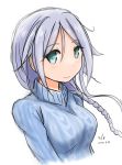  1girl aqua_eyes artist_name blue_sweater blush braid breasts curse_(023) dated highres kantai_collection long_hair looking_at_viewer medium_breasts mole mole_under_eye neck silver_hair smile solo sweater turtleneck turtleneck_sweater umikaze_(kantai_collection) upper_body white_background 