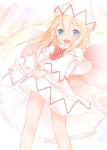  bare_legs blonde_hair blue_eyes bow bowtie capelet cherry_blossoms dress dress_lift fairy_wings flower hair_between_eyes hat highres lifted_by_self lily_white long_hair long_sleeves looking_at_viewer open_mouth red_neckwear sakurea smile standing touhou white_dress white_hat wide_sleeves wings 