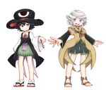  2others androgynous big_hat black_hair bow brown_coat brush chikafumikou coat detached_sleeves enraku_tsubakura geta grey_eyes grey_eyes hat highres houlen_yabusame len&#039;en open_mouth red_ribbon ribbon sandals short_hair short_hair_with_long_locks shorts silver_hair smile top_hat 