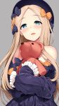  1girl abigail_williams_(fate/grand_order) bangs bare_shoulders black_bow black_dress black_hat blonde_hair blue_eyes blush bow dress eyebrows_visible_through_hair fate/grand_order fate_(series) frilled_sleeves frills grey_background hair_bow hat kazakura lips long_hair long_sleeves looking_at_viewer object_hug off_shoulder open_mouth orange_bow parted_bangs parted_lips polka_dot polka_dot_bow shiny shiny_skin simple_background sleeves_past_fingers smile solo stuffed_animal stuffed_toy teddy_bear upper_body very_long_hair 