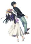  1boy 1girl bag black_hair black_jacket blue_eyes blue_ribbon brown_footwear dutch_angle floating_hair full_body green_pants grin hair_ribbon hat hat_ribbon hime_cut jacket long_hair long_skirt looking_at_viewer mahouka_koukou_no_rettousei pants ribbon shiba_miyuki shiba_tatsuya simple_background skirt smile straw_hat sun_hat white_background white_footwear white_skirt yellow_ribbon yuzuki_n_dash 