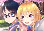  1boy 1girl arima_kousei artist_name black_hair blonde_hair blue_eyes cherry_blossoms commentary_request copyright_name dated ge_zhong_kuaile glasses looking_at_viewer miyazono_kawori red_neckwear school_uniform shigatsu_wa_kimi_no_uso smile teeth translation_request upper_body v violet_eyes 