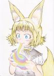  1girl absurdres animal_ears blonde_hair blue_eyes blush bright_pupils colorful commentary_request doitsuken eating fang_out fox_ears fox_tail highres holding neck_ribbon original puffy_short_sleeves puffy_sleeves ribbon scan short_hair short_sleeves smile solo tail traditional_media upper_body vest yellow_neckwear yellow_ribbon 