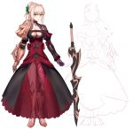  1girl aestus_estus alternate_costume alternate_hairstyle asymmetrical_clothes bangs black_dress black_gloves blonde_hair braid breasts character_sheet cleavage cleavage_cutout closed_mouth collarbone corset crown_braid dress elbow_pads eyebrows_visible_through_hair eyes_visible_through_hair fate/extra fate_(series) french_braid gauntlets gloves hair_between_eyes hair_intakes head_wreath high_ponytail highres holding holding_sword holding_weapon large_breasts light_particles light_rays long_dress long_hair long_sleeves looking_at_viewer looking_away looking_down multiple_views nero_claudius_(fate) nero_claudius_(fate)_(all) pauldrons petals ponytail red_dress rose_petals ryairyai serious shiny shiny_hair sidelocks single_gauntlet single_pauldron sitting sketch sword turnaround v-shaped_eyes weapon yellow_eyes 