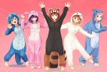  5girls :&lt; :d animal_costume animal_ears arms_up bangs barefoot blue_hair blush brown_eyes brown_hair bunny_costume claw_pose closed_mouth dinosaur_costume ear_pull emphasis_lines eyebrows_visible_through_hair fake_animal_ears fake_horns green_eyes grin hair_ornament hairclip ibuki_tsubasa idolmaster idolmaster_million_live! kamille_(vcx68) kasuga_mirai leaning_to_the_side leg_up light_frown long_hair long_sleeves looking_at_viewer makabe_mizuki mochizuki_anna multiple_girls nanao_yuriko nose_blush open_mouth outstretched_arms penguin_costume pigeon-toed pink_background pom_pom_(clothes) purple_hair rabbit_ears red_eyes redhead shark_costume short_hair simple_background smile solo speed_lines standing standing_on_one_leg tanuki_costume tareme teeth toe_scrunch v-shaped_eyebrows yellow_eyes 