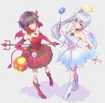  2girls angel_and_devil angel_costume blue_eyes breasts choker cleavage color_connection commentary_request corset demon_girl dress fake_halo grey_eyes halloween halloween_costume highres iesupa looking_at_viewer medium_breasts multiple_girls pitchfork pumpkin red_dress redhead ruby_rose rwby sleeveless sleeveless_dress wand weiss_schnee white_dress white_hair 