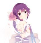  1girl absurdres back_bow backless_dress backless_outfit bangs bow dress flower from_behind gloves gochuumon_wa_usagi_desu_ka? hair_flower hair_ornament hair_ribbon highres holding holding_ribbon kira_kira_(pixiv12705077) looking_at_viewer looking_back petals pink_flower purple_hair purple_ribbon ribbon shiny shiny_hair short_hair simple_background smile solo strapless strapless_dress tedeza_rize violet_eyes white_background white_bow white_dress white_gloves 