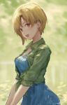  1girl :d aiba_yumi blonde_hair blue_dress blurry blurry_background blush brown_eyes cropped_jacket depth_of_field dress highres idolmaster idolmaster_cinderella_girls jacket jewelry kouzuki_kei looking_at_viewer necklace open_mouth outdoors short_hair smile solo tied_jacket upper_body 