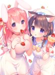  2girls :p animal_ears bangs beret blush bow breasts brown_eyes brown_hair bunny_girl bunny_tail cat_ears cat_girl cleavage crepe dress eyebrows_visible_through_hair fingernails food food_in_mouth fruit hair_between_eyes hands_on_own_chest hat holding holding_food large_breasts leg_garter long_hair looking_at_viewer mouth_hold multiple_girls nail_polish original pink_hair rabbit_ears red_nails sakura_(usashiro_mani) strawberry tail tongue tongue_out usashiro_mani violet_eyes white_background white_dress white_hat yellow_bow 