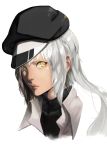  1girl black_hat black_shirt closed_mouth collared_shirt copyright_request hat highres looking_at_viewer portrait shirt silver_hair simple_background solo soya_(torga) turtleneck white_background wing_collar yellow_eyes 