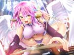  1girl angel_wings artist_name blush book breasts feathered_wings gloves gradient_hair halo ikemura_hiroichi jibril_(no_game_no_life) large_breasts long_hair low_wings magazine magic_circle midriff multicolored_hair navel no_game_no_life open_mouth pink_hair sideboob solo tattoo thighs very_long_hair white_wings wing_ears wings yellow_eyes 
