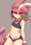  1girl animal_hat bandana bangs bare_arms bare_shoulders black_bra black_panties blush bra breasts brown_background brown_hair bullpup bunny_hat commentary_request fur-trimmed_gloves fur_trim gloves gun hair_between_eyes hat llenn_(sao) looking_at_viewer navel p-chan_(p-90) p90 panties parted_lips pink_gloves pink_hat red_bandana simple_background small_breasts solo sports_bra submachine_gun sword_art_online sword_art_online_alternative:_gun_gale_online thick_thighs toshishikisai underwear underwear_only violet_eyes weapon wide_hips 