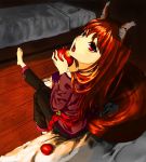  1girl apple barefoot bed bed_sheet belt brown_hair fangs food fruit highres holding holding_fruit holo indoors long_hair mlrudomiru on_bed open_mouth pants pink_shirt red_eyes shadow shirt sitting sitting_on_bed solo spice_and_wolf 