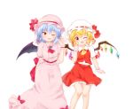  2girls ;d alternate_hairstyle arm_behind_back ascot bat_wings bent_elbow blonde_hair blouse bow braid brooch buttons center_frills child collared_blouse collared_shirt commentary_request eyebrows_visible_through_hair eyelashes fang feet_out_of_frame flandre_scarlet frilled_skirt frilled_sleeves frills gem gradient_eyes hair_ribbon hand_up hat hat_bow highres index_finger_raised jewelry knees_together light_blue_hair light_blush long_skirt looking_at_viewer low_twintails mob_cap multicolored multicolored_eyes multiple_girls nanarya one_eye_closed open_mouth pink_blouse pink_hat pink_skirt puffy_short_sleeves puffy_sleeves red_bow red_eyes red_neckwear red_ribbon red_skirt red_vest remilia_scarlet ribbon shirt short_hair short_sleeves simple_background single_braid skirt smile standing touhou twintails vest white_background white_hat white_shirt wing_collar wings wrist_cuffs yellow_eyes 