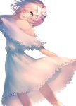  1girl :d bangs bare_shoulders blue_eyes bright_pupils choker dress eyebrows eyebrows_visible_through_hair fate/grand_order fate_(series) flower hair_between_eyes hair_flower hair_ornament hair_over_one_eye lace lace-trimmed_dress lace_trim looking_at_viewer mash_kyrielight mebaru off-shoulder_dress off_shoulder open_mouth pink_hair short_hair simple_background smile solo teeth tongue white_background white_choker white_dress white_flower white_pupils 