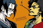  2boys afro black_eyes black_hair commentary_request earrings eye_contact facial_hair from_side glasses hankuri japanese_clothes jewelry jinnosuke limited_palette looking_at_another mouth_hold mugen multiple_boys over-rim_eyewear samurai_champloo sanpaku semi-rimless_eyewear stubble 