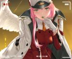  1girl angel_wings bangs blush breasts candy cangkong copyright_name darling_in_the_franxx dress feathered_wings food gloves green_eyes hat highres holding holding_food jacket_on_shoulders leaning_forward lips lollipop long_hair long_sleeves looking_at_viewer medium_breasts military military_uniform parted_lips peaked_cap pink_hair recording red_dress single_wing solo sweets tsurime uniform viewfinder white_coat white_gloves white_hat white_wings wings zero_two_(darling_in_the_franxx) 