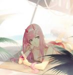  1girl ass bangs beach bikini bracelet breasts chin_rest collarbone darling_in_the_franxx day glass green_eyes hairband highres horns innertube jewelry legs_up long_hair lying ocean on_stomach outdoors pink_hair red_bikini sdr1989 small_breasts solo star_print swimsuit topless white_hairband zero_two_(darling_in_the_franxx) 