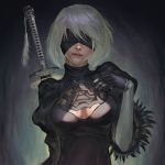  1girl android arcsh black_dress blindfold breasts cleavage cleavage_cutout covered_eyes dress facing_viewer feather-trimmed_sleeves juliet_sleeves katana long_sleeves medium_breasts mole mole_under_mouth nier_(series) nier_automata pink_lips puffy_sleeves short_hair silver_hair sword sword_behind_back vambraces weapon yorha_no._2_type_b 