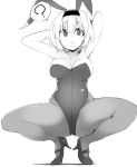  1girl ? alice_margatroid alternate_costume animal_ears arms_up bare_arms bare_shoulders breasts cleavage eyebrows_visible_through_hair full_body greyscale hairband high_heels highleg highleg_leotard kamukamu_(ars) leotard looking_at_viewer medium_breasts monochrome open_mouth pantyhose rabbit_ears shoes short_hair sketch solo spoken_question_mark squatting touhou 
