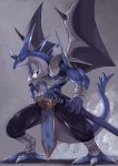  1boy armor claws highres lizardman muscle no_humans original sword tail tesshii_(riza4828) weapon wings 