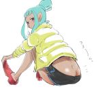  1girl aqua_hair ass black_shorts butt_crack closed_mouth commentary_request dark_skin from_behind grey_eyes half-closed_eyes inkling jacket looking_at_viewer looking_back noshiro_(svnxyg) notice_lines open_clothes open_jacket red_footwear shoes short_hair short_ponytail short_shorts shorts sidelocks simple_background single_vertical_stripe sitting solo splatoon splatoon_2 translation_request white_background yellow_jacket 