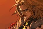  1boy arc_system_works beard blonde_hair blue_eyes closed_mouth commentary_request facial_hair from_side frown fur_trim guilty_gear guilty_gear_xrd hankuri leo_whitefang looking_at_viewer male_focus red_background solo upper_body 