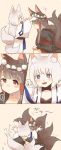  /\/\/\ 2girls 4koma akagi_(azur_lane) animal_ears artist_name azur_lane black_hair black_kimono blue_eyes blush bodysuit closed_eyes closed_mouth collarbone comic eyebrows_visible_through_hair flower_wreath fox_ears fox_tail hair_ornament highres hug ina_(1813576) japanese_clothes kaga_(azur_lane) kimono long_hair long_sleeves looking_up multiple_girls multiple_tails musical_note open_mouth red_eyes short_hair short_kimono smile spoken_musical_note squatting tail white_hair white_kimono wide_sleeves younger 