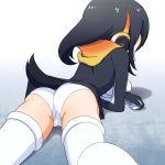  1girl ass black_hair commentary_request emperor_penguin_(kemono_friends) from_behind headphones highres hood hood_down hoodie kemono_friends leotard long_hair lying on_stomach penguin_tail sat-c solo tail 