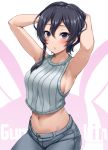  1girl :o armpits arms_behind_head arms_up bare_arms bare_shoulders black_hair blue_eyes blush braid breasts buttons character_request crop_top darkmaya denim grey_pants jeans large_breasts long_hair looking_at_viewer navel pants parted_lips shiny shiny_hair side_braid sideboob sleeveless solo stomach sweat sword_art_online twitter_username two-tone_background 