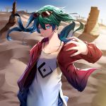  1girl blue_eyes blue_hair blurry blurry_background closed_mouth commentary_request day depth_of_field desert dress earrings eyebrows_visible_through_hair eyewear_on_head floating_hair green_hair hair_between_eyes hatsune_miku highres hoop_earrings jacket jewelry long_hair long_sleeves looking_at_viewer multicolored_hair open_clothes open_jacket outdoors red_jacket short_dress solo soya_(torga) suna_no_wakusei_(vocaloid) sunglasses two-tone_hair v-shaped_eyebrows vocaloid white_dress 