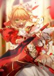  1girl :d aestus_estus ahoge blonde_hair commentary_request epaulettes fate/extra fate_(series) green_hair hair_intakes highres looking_at_viewer nero_claudius_(fate) nero_claudius_(fate)_(all) no-kan open_mouth smile sword v-shaped_eyebrows weapon 