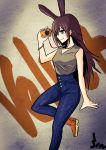  1girl animal_ears brown_eyes brown_hair camera commentary_request denim highres jeans nibeoka_shin&#039;yasu pants rabbit_ears rwby shirt signature sleeveless sleeveless_shirt smile solo velvet_scarlatina 