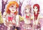  3girls alternate_hairstyle bag bespectacled blue_eyes bow branch brown_hair cherry_blossoms commentary_request double-breasted glasses grin hair_bow hair_ornament hair_scrunchie hairclip holding_branch love_live! love_live!_sunshine!! low_twintails multiple_girls one_eye_closed orange_hair pleated_skirt pointing pointing_at_self red_bow red_eyes redhead sakurauchi_riko school_bag school_uniform scrunchie serafuku short_twintails skirt smile spring_(season) takami_chika thumbs_up tree twintails uranohoshi_school_uniform watanabe_you yellow_bow yellow_eyes zi_long 