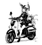  1girl 2016 :o alternate_costume artist_name black_footwear black_gloves black_jacket black_shorts dated gloves goggles goggles_on_headwear greyscale ground_vehicle headgear helmet jacket kantai_collection long_hair looking_at_another monochrome motor_vehicle motorcycle murakumo_(kantai_collection) non-human_admiral_(kantai_collection) partly_fingerless_gloves rabbit scooter shorts simple_background uzaki_(jiro) very_long_hair white_background 