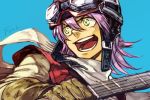  1girl :d blue_background brown_gloves copyright_name flcl gloves goggles goggles_on_headwear guitar hair_between_eyes hankuri haruhara_haruko helmet holding holding_instrument instrument long_sleeves open_mouth purple_hair scarf simple_background smile solo upper_body white_scarf 