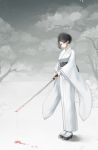  1girl black_eyes black_hair blood closed_mouth highres japanese_clothes katana kikivi kimono original short_hair snow snowing solo standing sword tree weapon wide_sleeves 