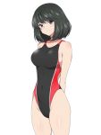  1girl arms_behind_back black_eyes black_hair breasts competition_swimsuit cowboy_shot highres kagemusha large_breasts looking_at_viewer one-piece_swimsuit original short_hair simple_background solo standing swimsuit white_background 