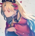  1girl bangs blonde_hair cape closed_mouth crying earrings ereshkigal_(fate/grand_order) eyebrows eyebrows_visible_through_hair eyelashes eyes_visible_through_hair facing_away fate/grand_order fate_(series) frown hair_intakes hair_ribbon hand_up hood hood_down jewelry long_hair looking_at_viewer mebaru red_cape red_eyes red_ribbon ribbon sad silver_background solo tears tiara tohsaka_rin turtleneck twintails upper_body 