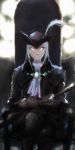  1girl absurdres bloodborne brown_gloves chair closed_mouth cravat gloves grey_hair hat hat_feather highres holding holding_sword holding_weapon lady_maria_of_the_astral_clocktower legs_crossed looking_at_viewer murasaki_saki sitting smile solo sword the_old_hunters tricorne weapon white_legwear yellow_eyes 