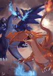  blue_eyes blue_fire charizard dragon fighting fire gen_1_pokemon highres mega_charizard_x mega_charizard_y mega_pokemon no_humans pokemon pokemon_(creature) red_eyes tail tesshii_(riza4828) wings 