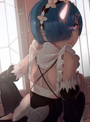  1girl blue_eyes blue_hair demon_horn detached_sleeves frilled_sleeves frills from_behind hair_ornament hair_over_one_eye hair_ribbon highres horn lips looking_back maid maid_headdress pink_ribbon re:zero_kara_hajimeru_isekai_seikatsu rem_(re:zero) ribbon ribbon-trimmed_clothes ribbon_trim short_hair window x_hair_ornament yeedee 