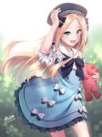  1girl :d abigail_williams_(fate/grand_order) bangs beret black_bow black_hat blonde_hair blue_dress blue_eyes blush bow collarbone commentary_request day dress eyebrows_visible_through_hair fate/grand_order fate_(series) forehead hand_on_headwear hat holding holding_stuffed_animal long_hair looking_at_viewer morigami_(morigami_no_yashiro) open_mouth outdoors parted_bangs short_sleeves smile solo stuffed_animal stuffed_toy sunlight teddy_bear twitter_username very_long_hair white_bow 