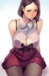  1girl arms_behind_back bare_arms bare_shoulders black_bra blush bra breasts cleavage collared_shirt dress_shirt frills highres large_breasts miniskirt open_clothes open_shirt original pink_lips pleated_skirt see-through shirt short_hair sitting skirt sleeveless sleeveless_shirt solo strap thigh-highs unbuttoned unbuttoned_shirt underwear violet_eyes white_shirt yeedee 