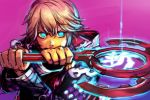  1boy blue_eyes commentary_request copyright_request hankuri holding jacket long_sleeves looking_at_viewer magic pink_hair purple_background shulk shulk_(xenoblade) simple_background solo two-handed upper_body wand xenoblade_(series) xenoblade_chronicles_(series) 