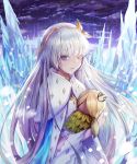  1girl anastasia_(fate/grand_order) bangs blue_eyes cape clouds cloudy_sky crown doll dress eyebrows_visible_through_hair eyes_visible_through_hair fate/grand_order fate_(series) hairband highres holding holding_doll ice jewelry long_hair looking_at_viewer mini_crown royal_robe silver_hair sky snow snowing solo som2sol standing upper_body very_long_hair white_dress winter 