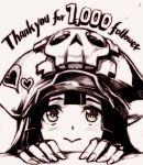  1girl :&gt; bangs commentary_request english fingernails followers greyscale guilty_gear hankuri hat heart looking_at_viewer may_(guilty_gear) monochrome peeking_out smile solo thank_you 